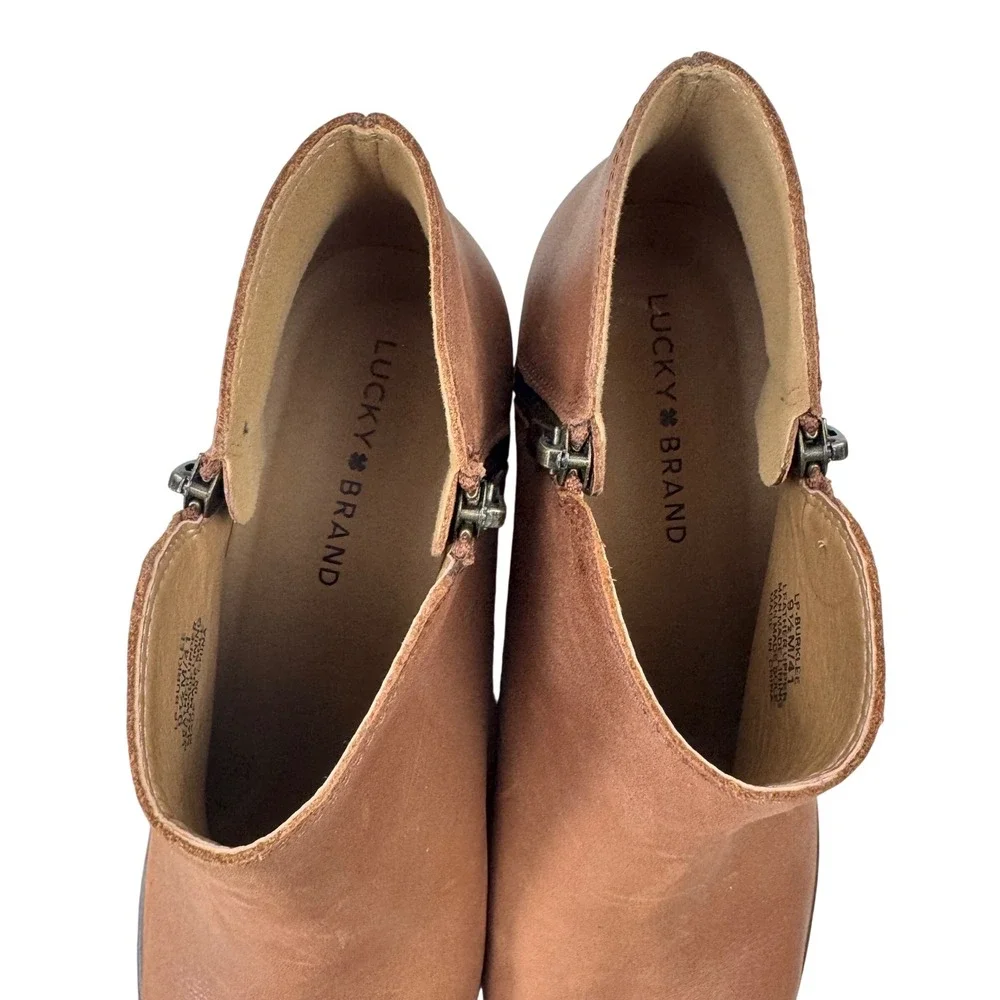 Lucky Brand Burklee Ankle Boots Women 9.5 Cognac Leather Side Zip Western Casual